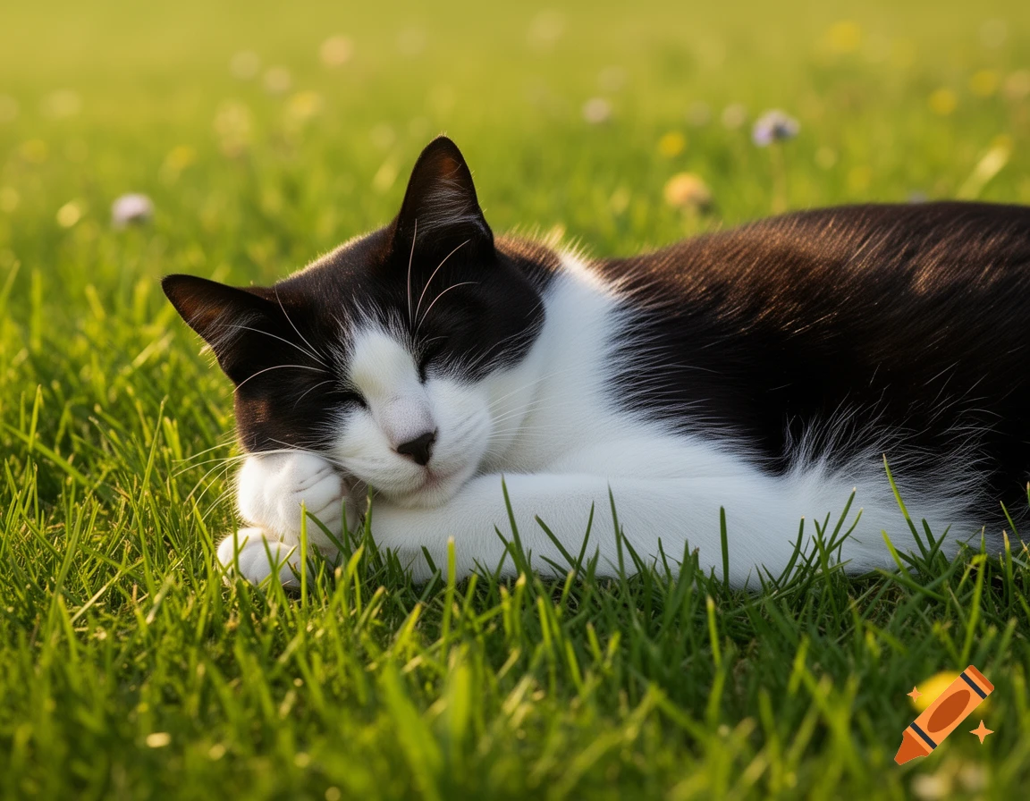 Photorealistic black and white cat sleeping peacefully in bright green grass.