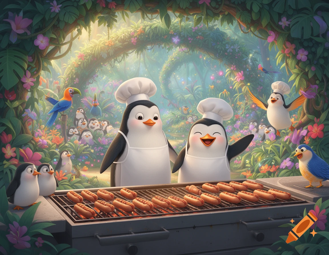 Cute cartoon penguins in chef hats and aprons grill hotdogs in a magical, lush tropical garden with other penguins and exotic birds.