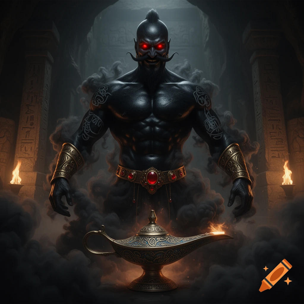 A dark genie with glowing red eyes and a mohawk emerges from smoke behind an ornate golden lamp in a shadowy ruin.