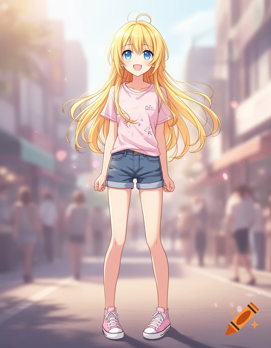 Anime girl with long blonde hair and blue eyes, wearing a pink t-shirt, jean shorts, and pink sneakers, standing on a sunny city street.