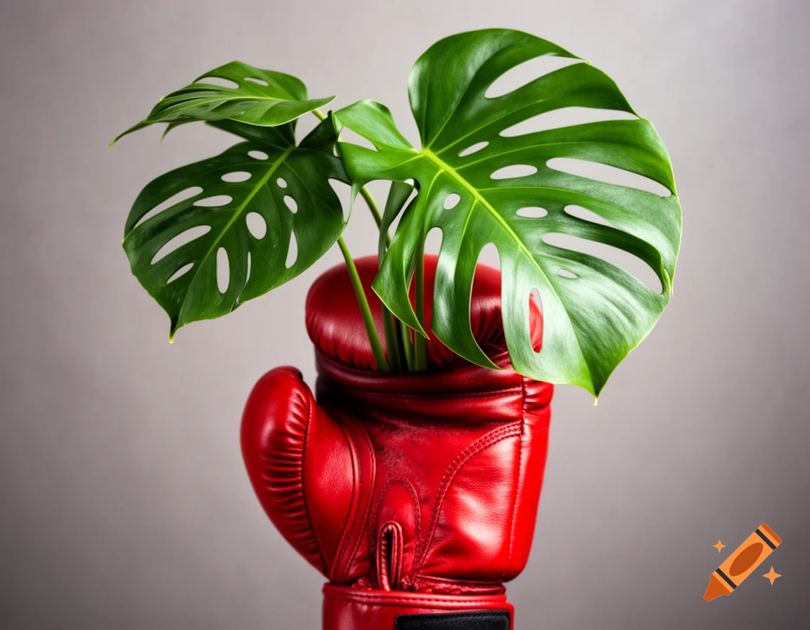 A vibrant green monstera plant with multiple leaves grows out of a bright red boxing glove, set against a smooth gray background.