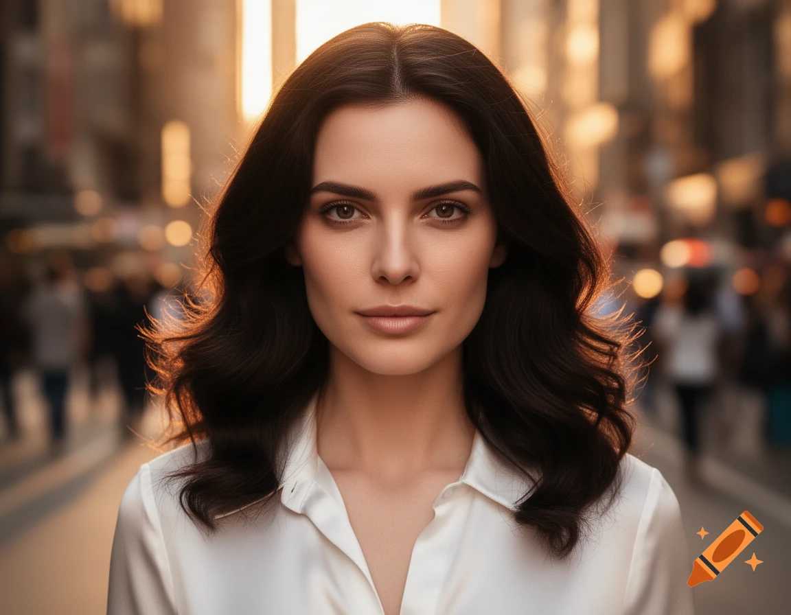 A photorealistic portrait of a woman with dark wavy hair and a white shirt, standing on a city street at sunset.