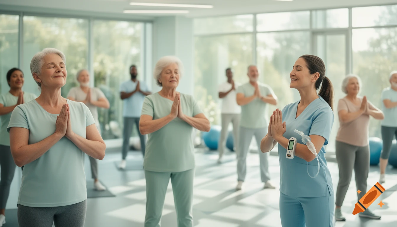 Photorealistic image of diverse senior adults and a physiotherapist in a bright gym, holding hands in prayer pose during gentle exercises.