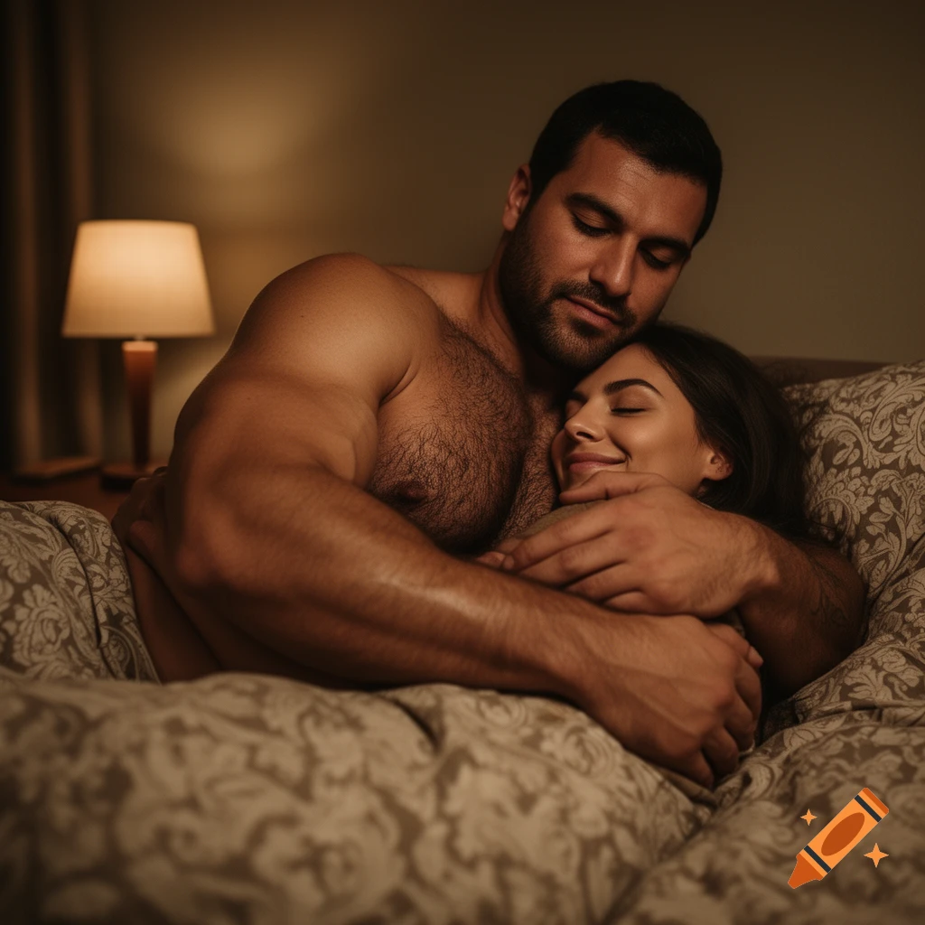 A shirtless, hairy man tenderly hugs a smiling woman in bed, bathed in soft lamplight.