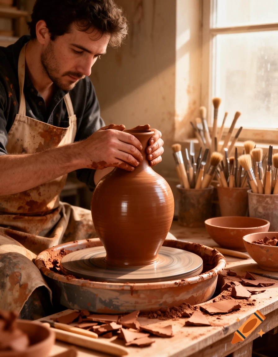 A man with clay-covered hands shaping a pot on a pottery wheel in a sunlit workshop.