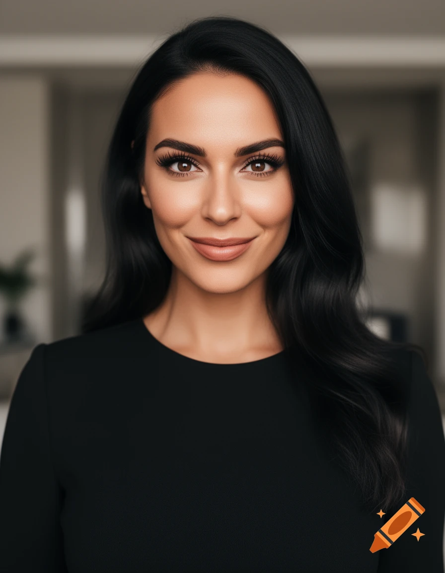 A smiling woman with dark hair and brown eyes looks directly at the camera, wearing a black top.
