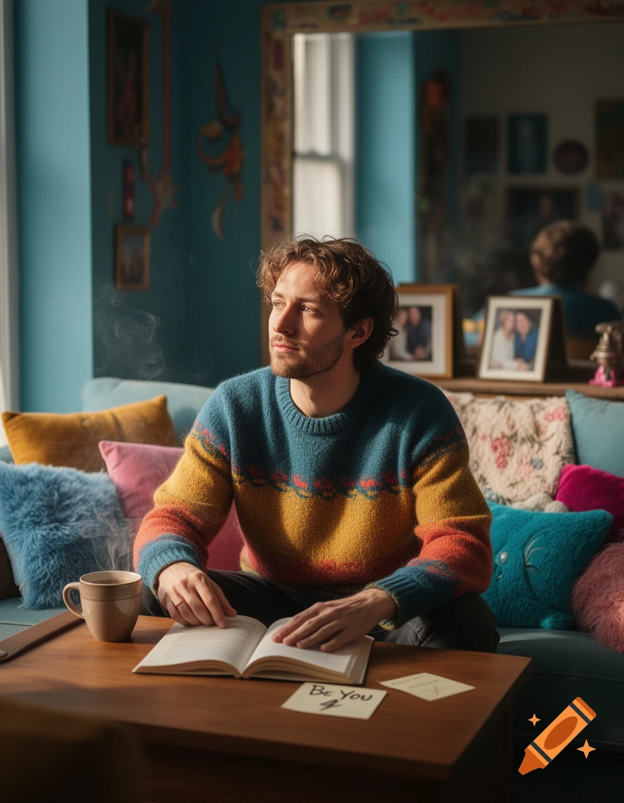 A man in a colorful sweater reads a book on a sofa in a sunlit living room with a coffee cup and a 'Be You' note.