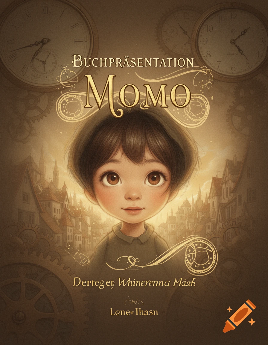 A stylized illustration of a big-eyed child with short dark hair, set against a backdrop of a fantasy city and clockwork gears, with text for a book presentation.