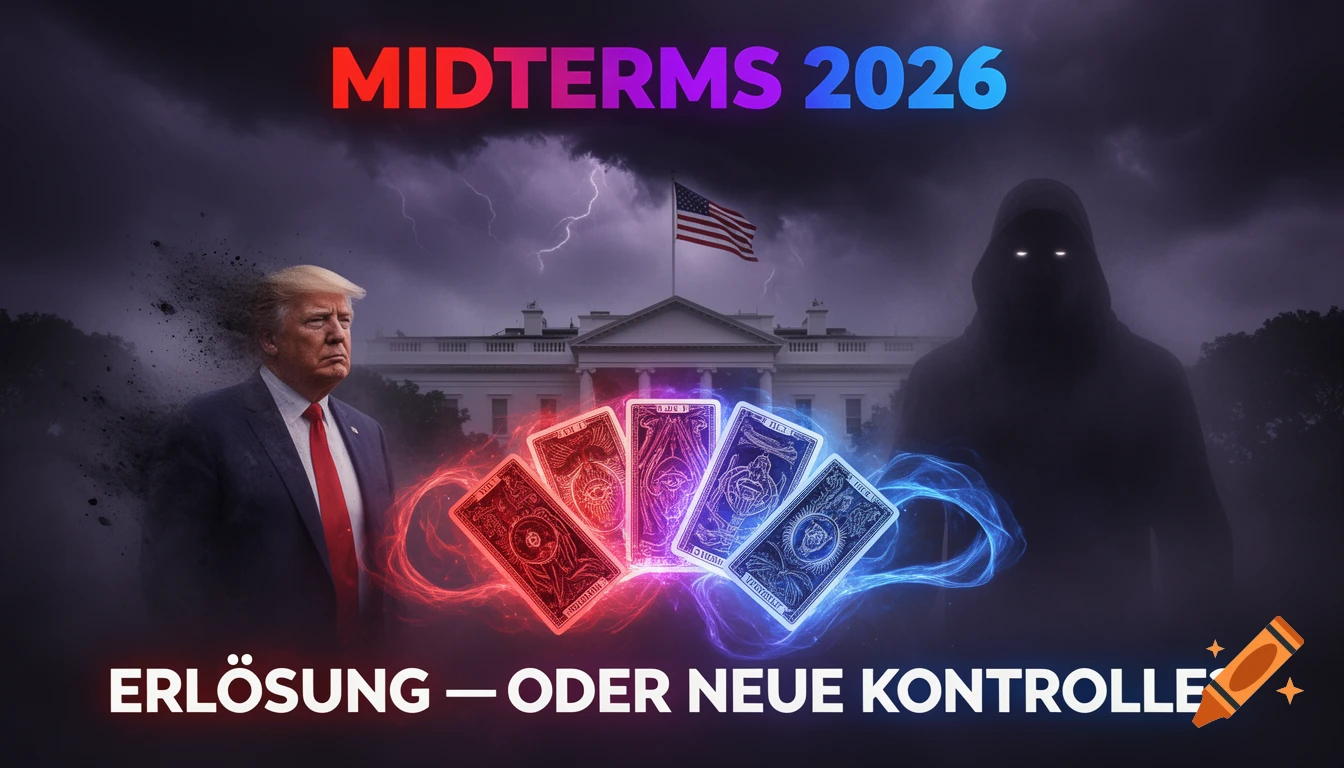Donald Trump dissolving near a dark hooded figure, glowing tarot cards, and the White House under a stormy sky. Text: MIDTERMS 2026 and ERLÖSUNG — ODER NEUE KONTROLLE?
