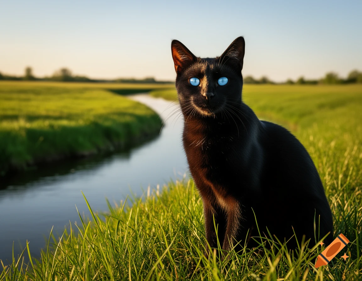 A black cat with striking blue eyes sits by a winding river in a sunny, green meadow.
