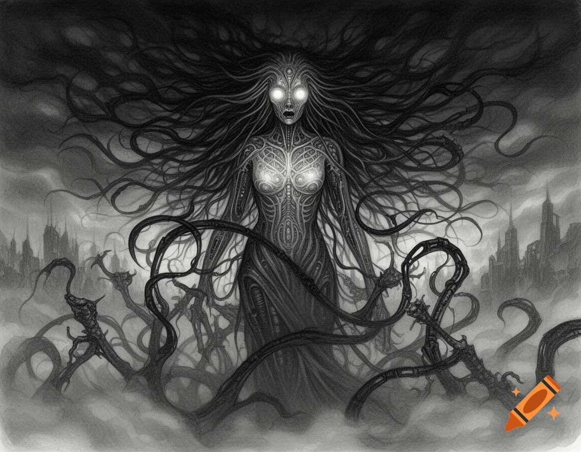 A monstrous female figure with glowing eyes, intricate biomechanical patterns, and flowing dark tendrils stands in a ruined city shrouded in mist, in a gritty pencil-sketch style.