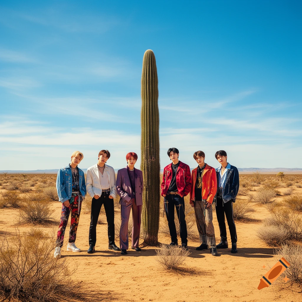 Six men in stylish outfits standing in a desert with a tall saguaro cactus under a clear blue sky.