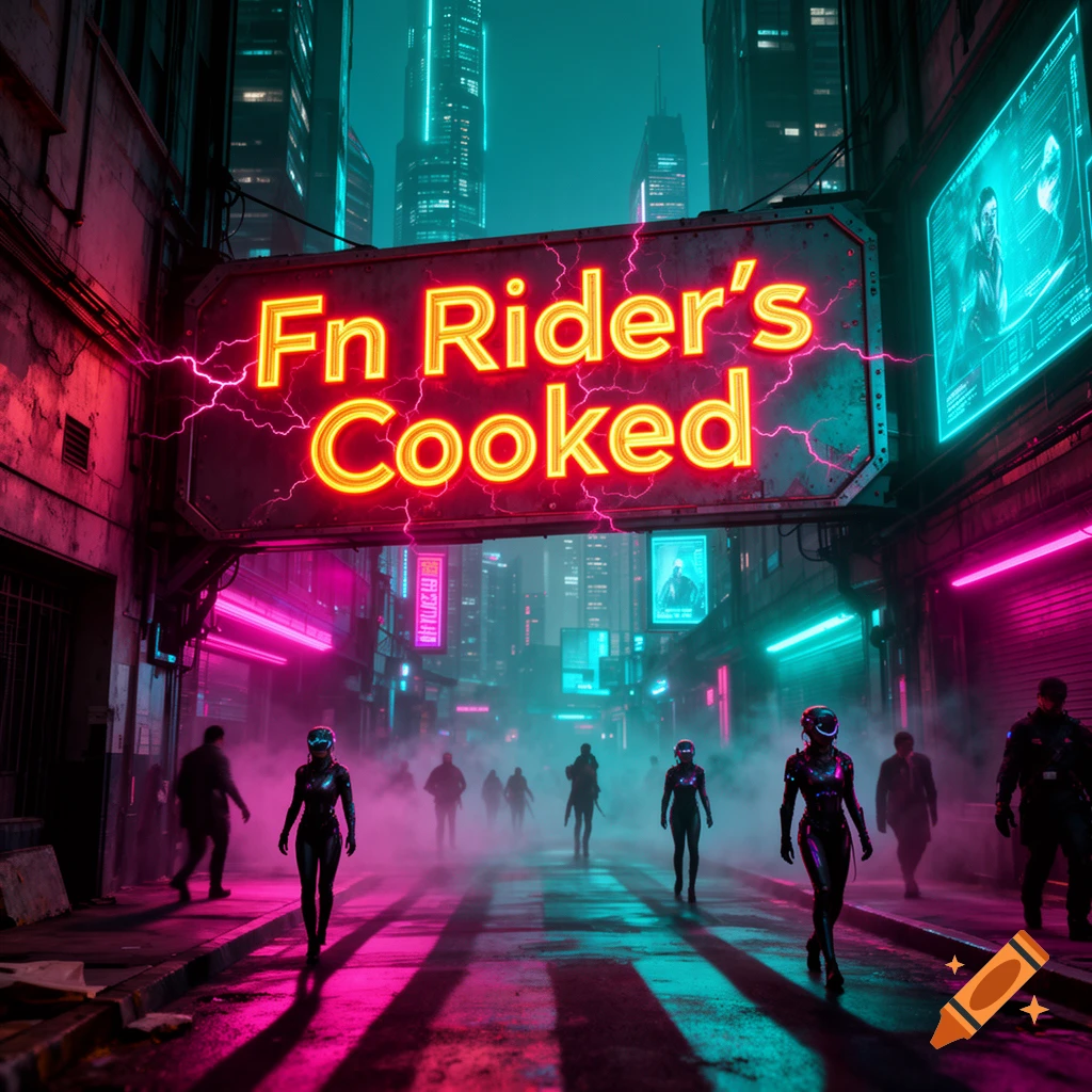 A neon-lit cyberpunk city street with a large sign displaying 'Fn Rider's Cooked' and futuristic figures walking through mist.