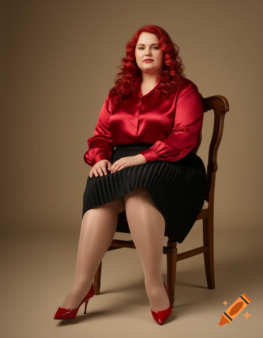 A plump, red-haired woman in a red satin blouse, black pleated skirt, sheer stockings, and red pumps poses on a wooden chair.