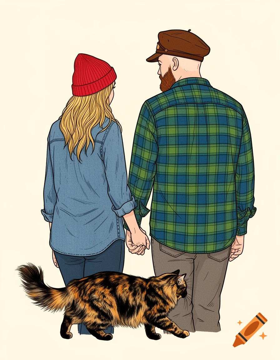 Illustrated couple holding hands, seen from behind, with a tortoiseshell cat. Woman in red beanie, man in plaid shirt and brown cap.
