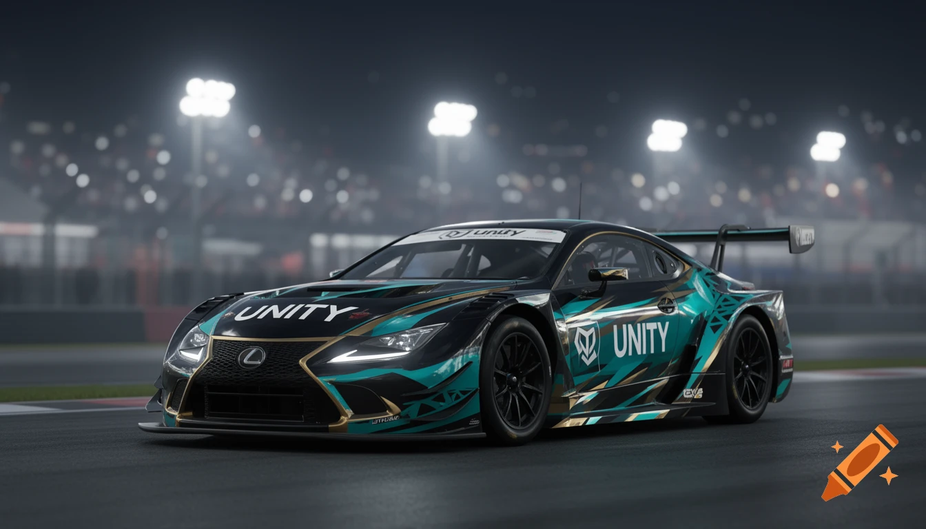 A black Lexus GT3 race car with a teal, black, and gold Unity livery design parked on a track at night, under bright stadium lights.