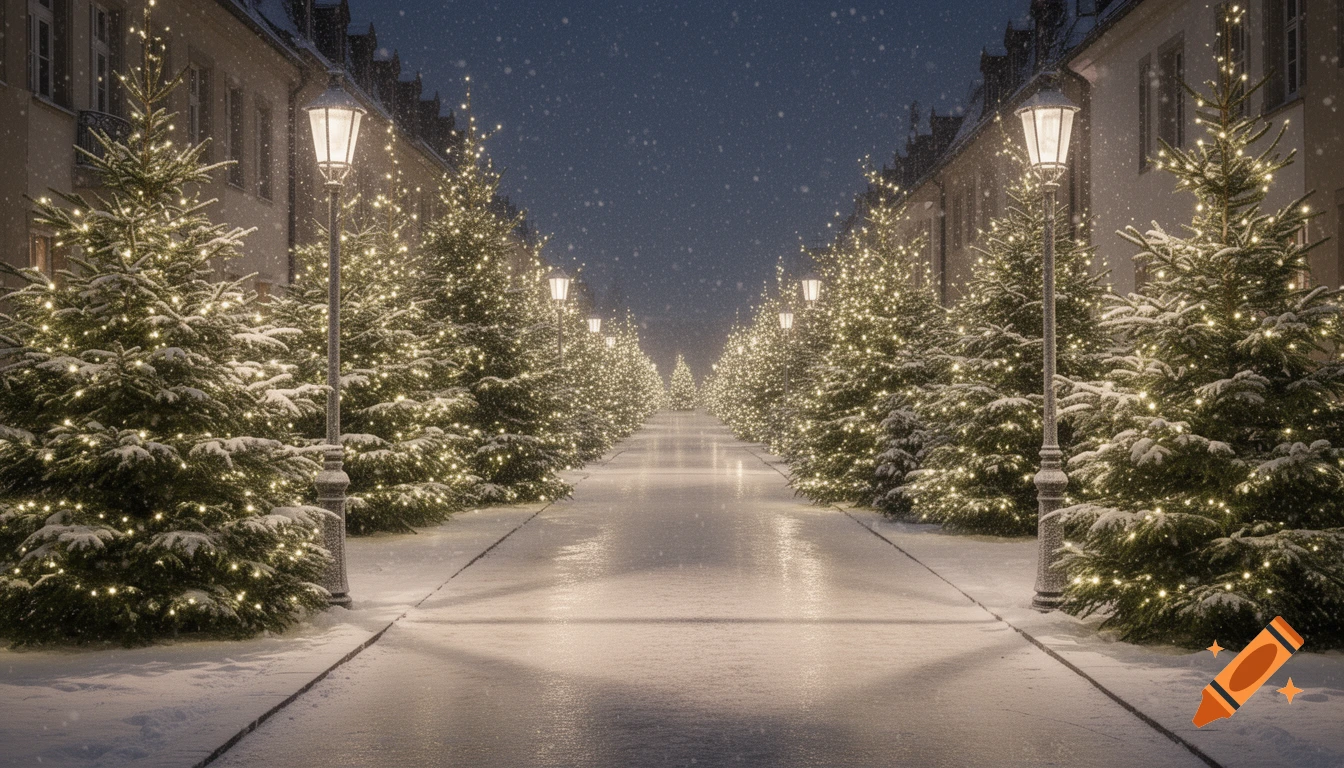 Photorealistic image of a snow-covered street lined with many illuminated Christmas trees and classic buildings at night, with gentle snowfall.