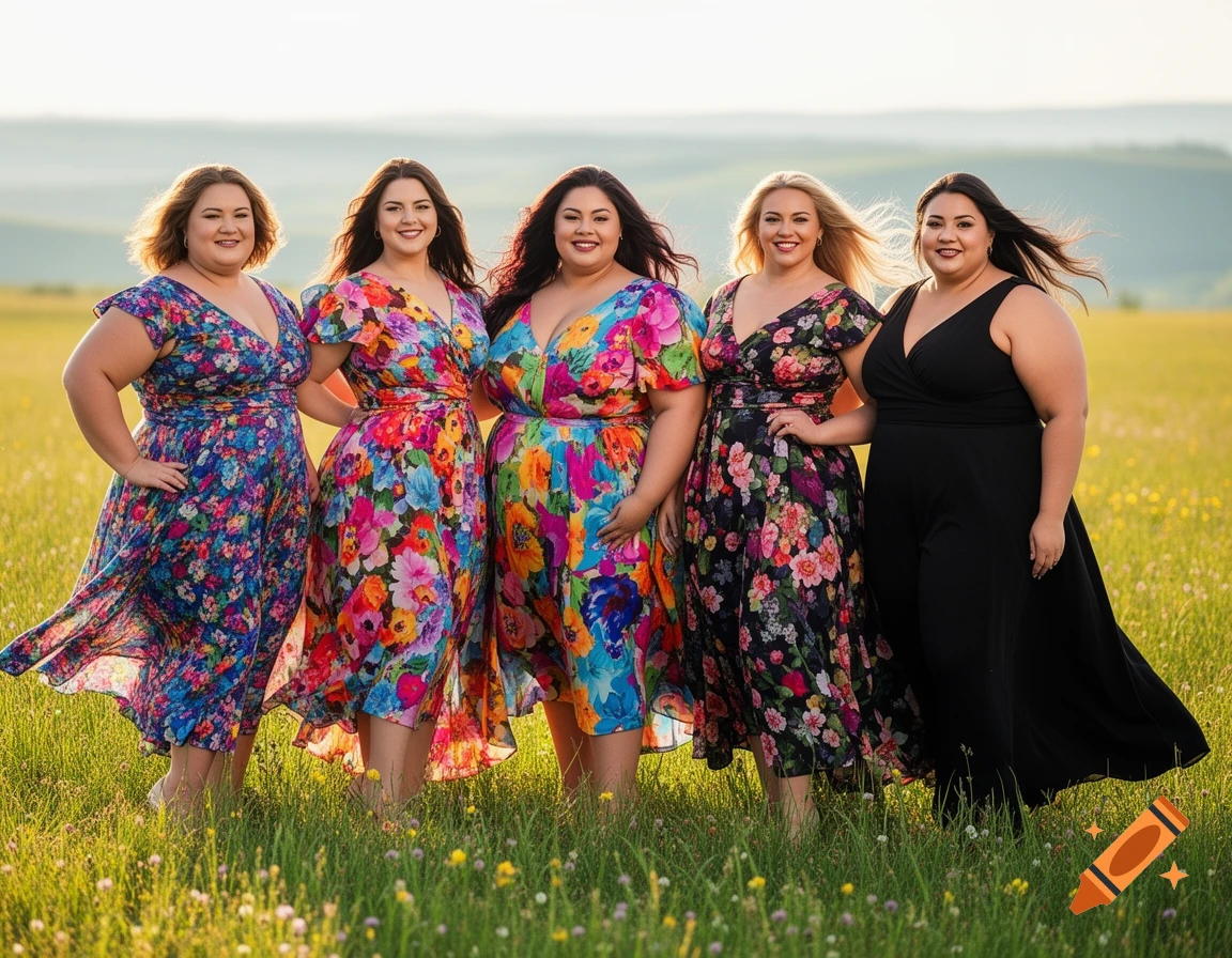 Five plus-size women in colorful floral dresses and one in a black dress stand in a sunny green field.