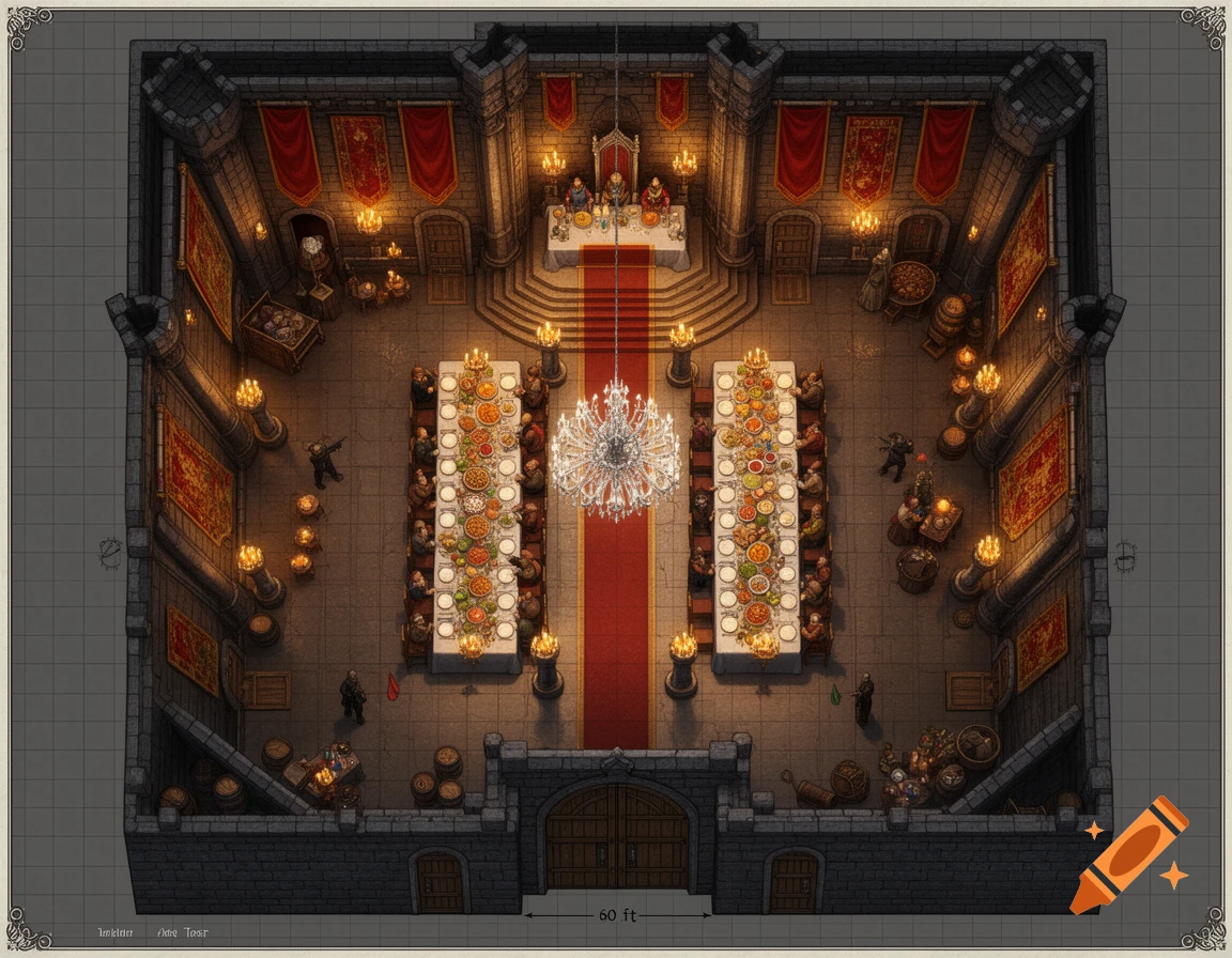 A top-down fantasy battle map depicting a grand medieval castle feast hall, with long tables, a raised dais, a chandelier, and red banners.