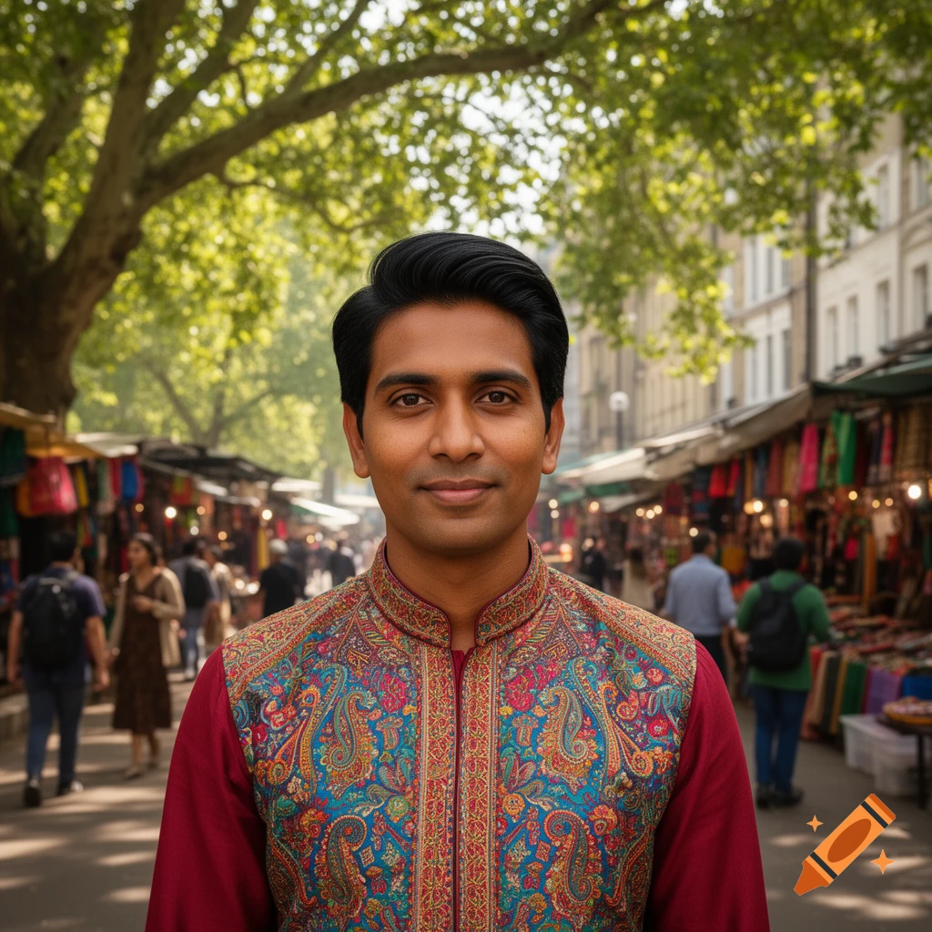 A photorealistic portrait of a South Asian man in a colorful patterned vest over a red shirt, smiling in a bustling outdoor market.