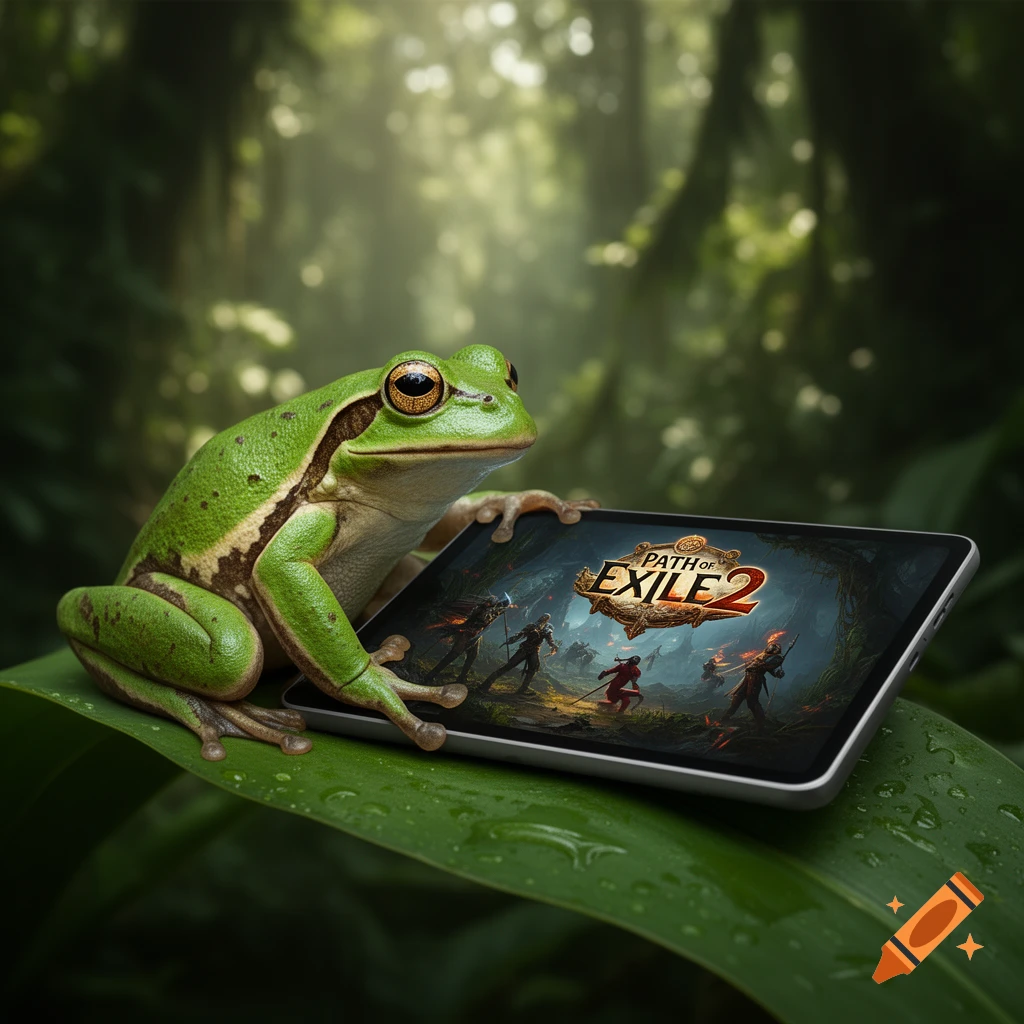 Photorealistic green frog sitting on a leaf, holding a tablet displaying the Path of Exile 2 game logo and characters, with a blurred jungle background.