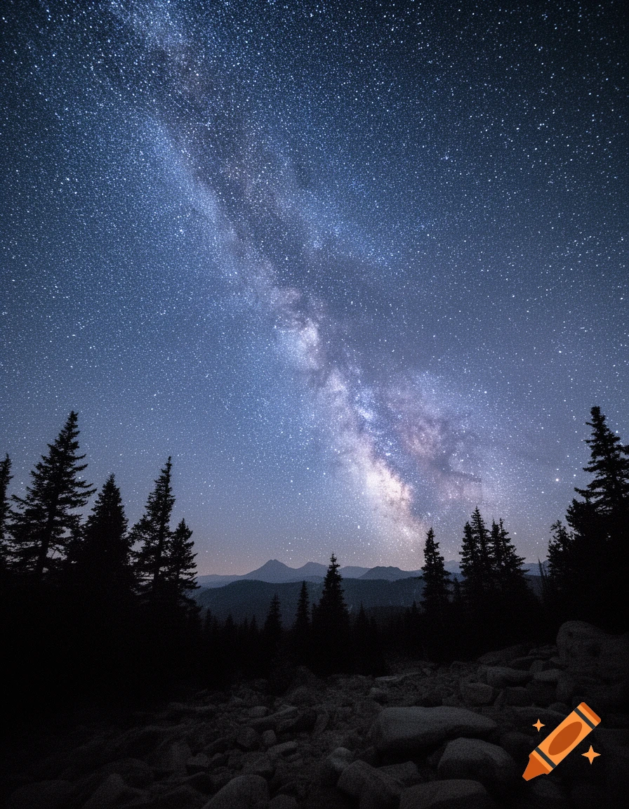 A breathtaking view of the Milky Way stretching across a dark night sky, above silhouetted evergreen trees and distant mountains.