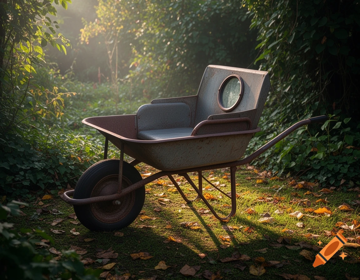 A rustic wheelbarrow, modified with a grey upholstered seat and a round window on its back, rests in a sun-dappled, leafy garden.