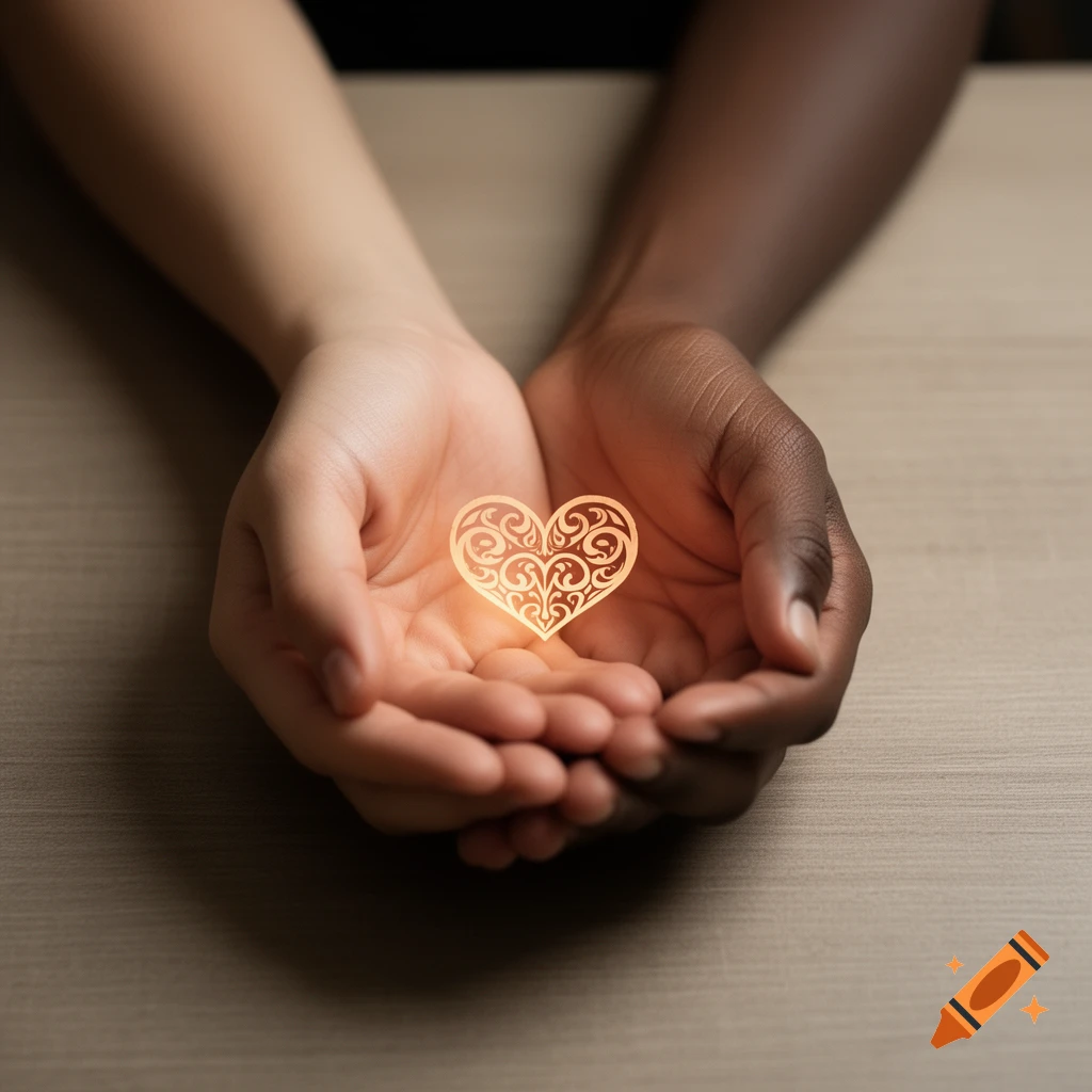Two cupped hands, one light and one dark-skinned, hold a glowing ornate heart.