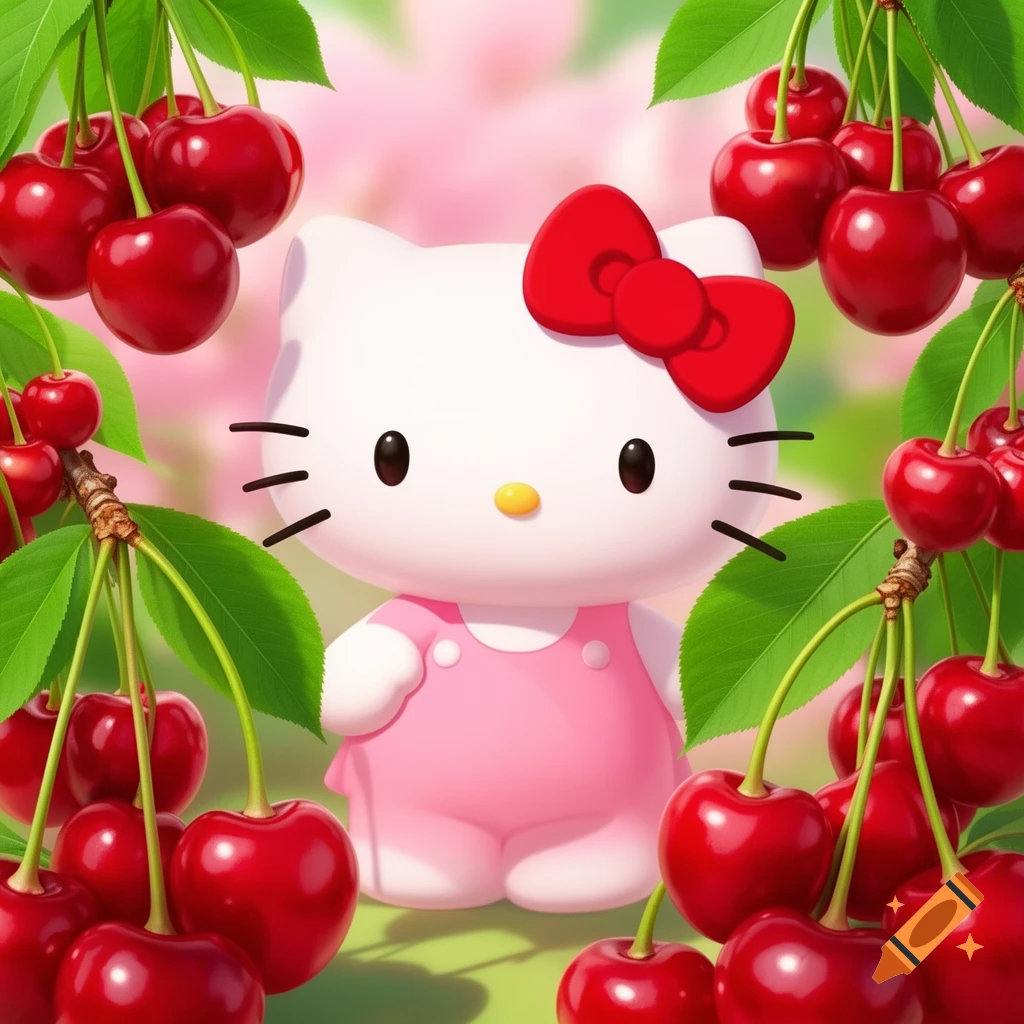 Cute Hello Kitty in a pink overall, surrounded by vibrant red cherries and green leaves, with a soft pink background.