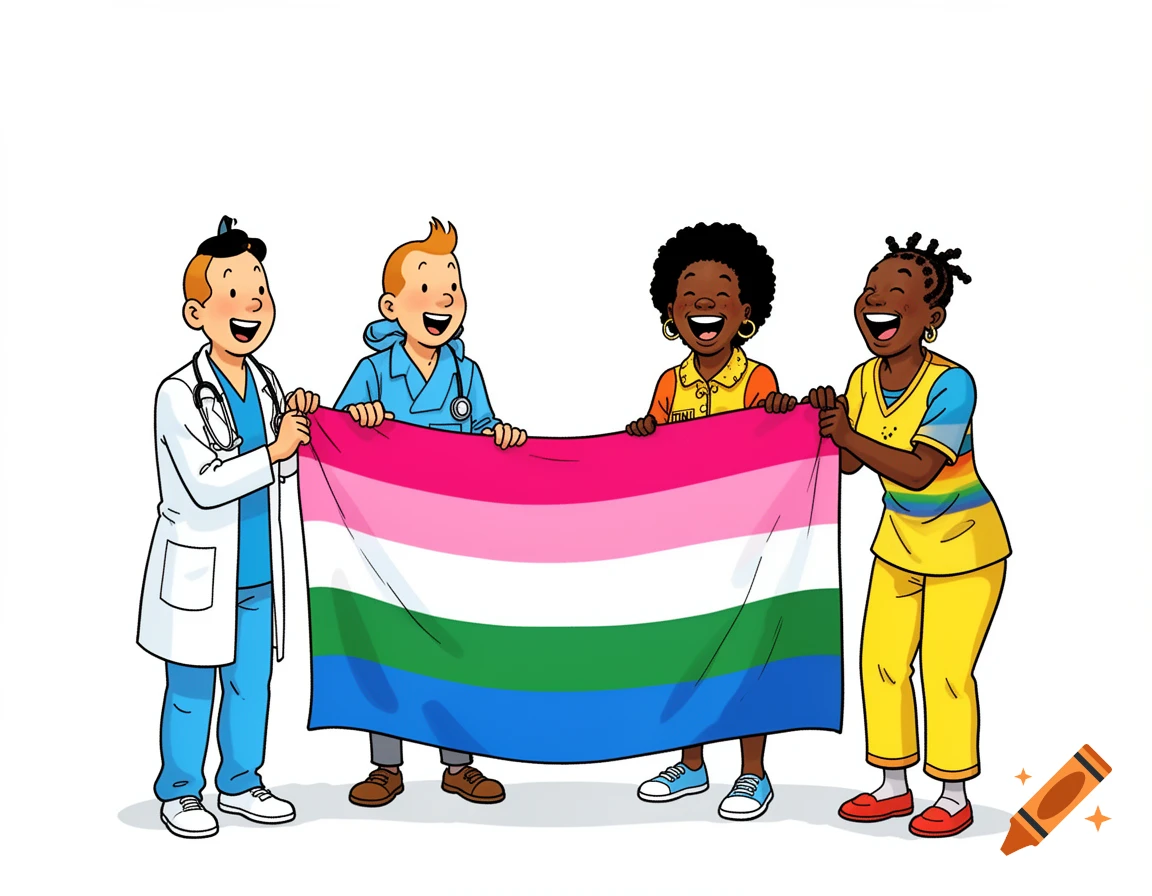Four diverse cartoon characters, two in medical scrubs and two in casual wear, happily hold up a genderfluid pride flag against a white background.