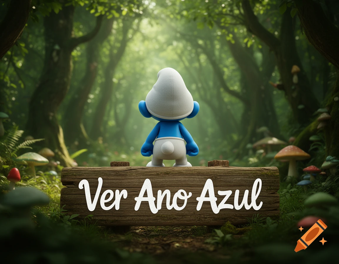 A blue Smurf-like character with a white hat stands on a wooden sign reading 'Ver Ano Azul' in a vibrant, misty green forest.