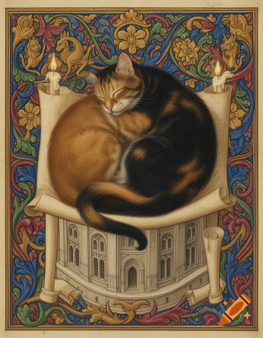 Two curled-up sleeping cats within a richly detailed medieval illuminated manuscript, featuring ornate borders, lit candles, and architectural drawings.