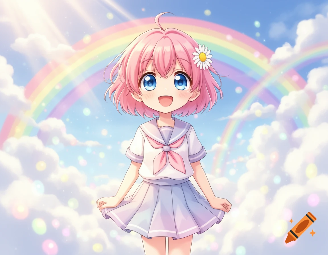 A cheerful anime girl with pink hair, blue eyes, and a white sailor uniform stands under a rainbow in a bright, cloudy sky with sparkling lights.