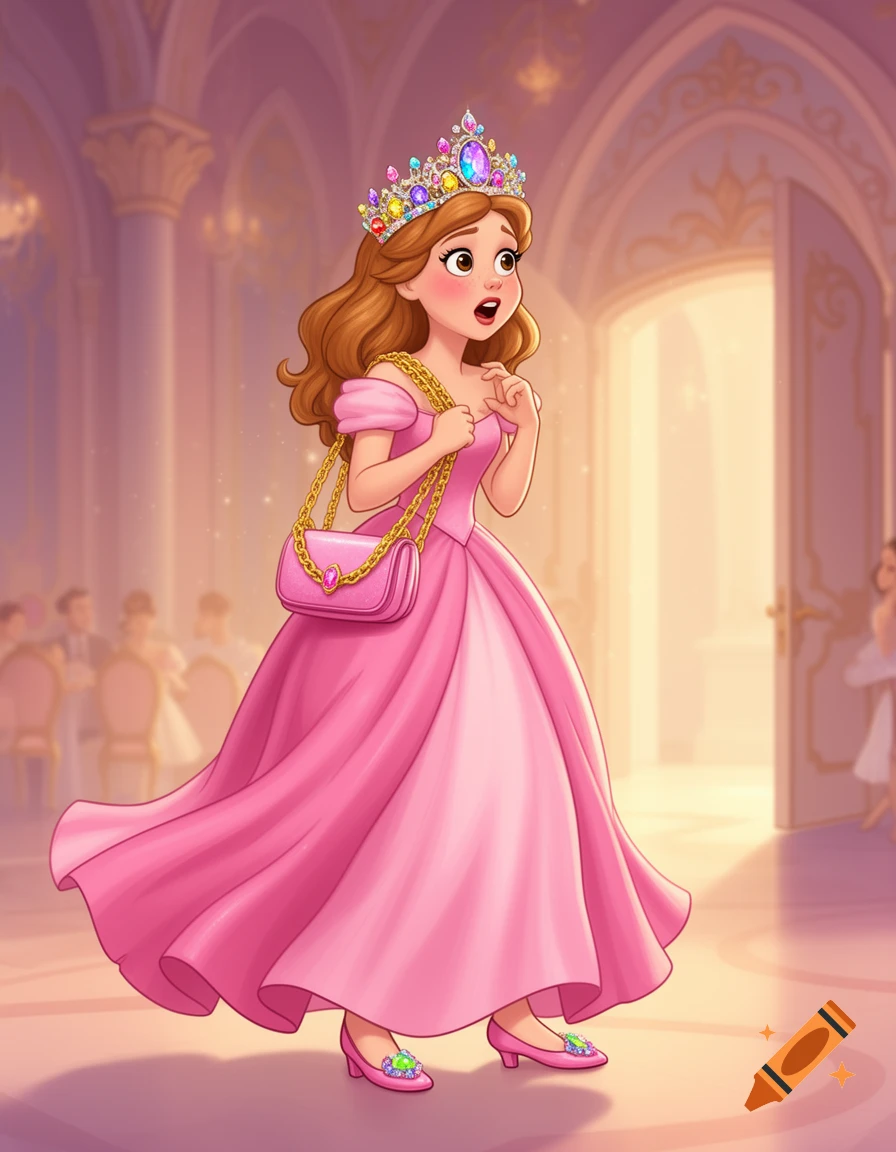 A cartoon princess in a pink gown with a jeweled crown and pink purse looks surprised in an elegant ballroom.