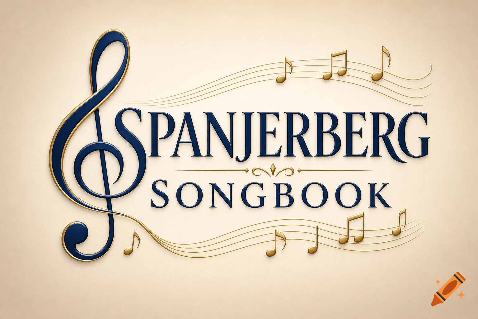 A logo featuring a blue and gold treble clef with the text 'SPANJERBERG SONGBOOK' in matching style, surrounded by golden musical notes and staves on a beige background.