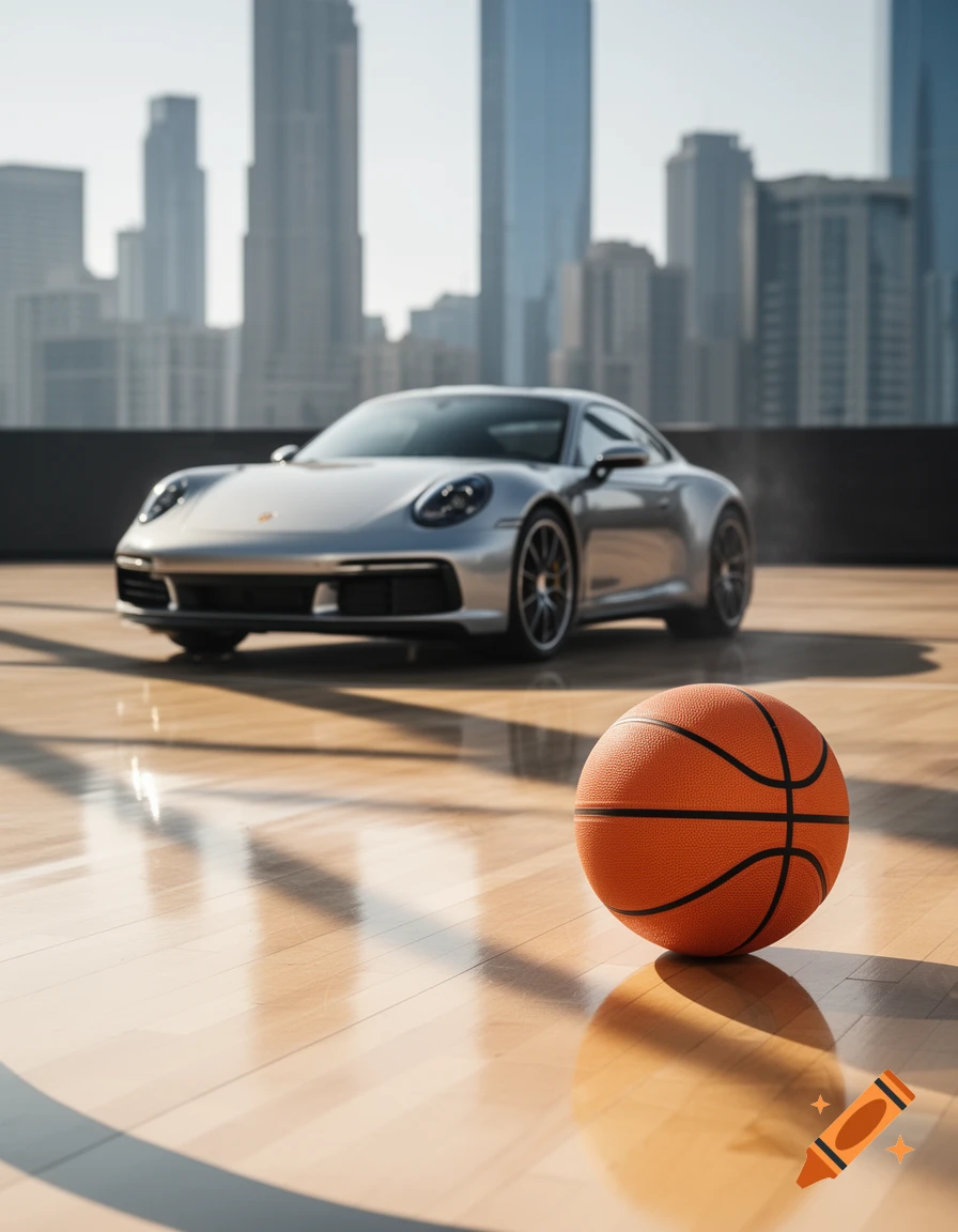 Photorealistic image of a silver Porsche and an orange basketball on a glossy court with a city skyline.