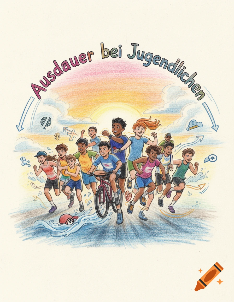 Colorful colored pencil illustration of diverse teenagers running, cycling, and swimming, with text 'Ausdauer bei Jugendlichen'.