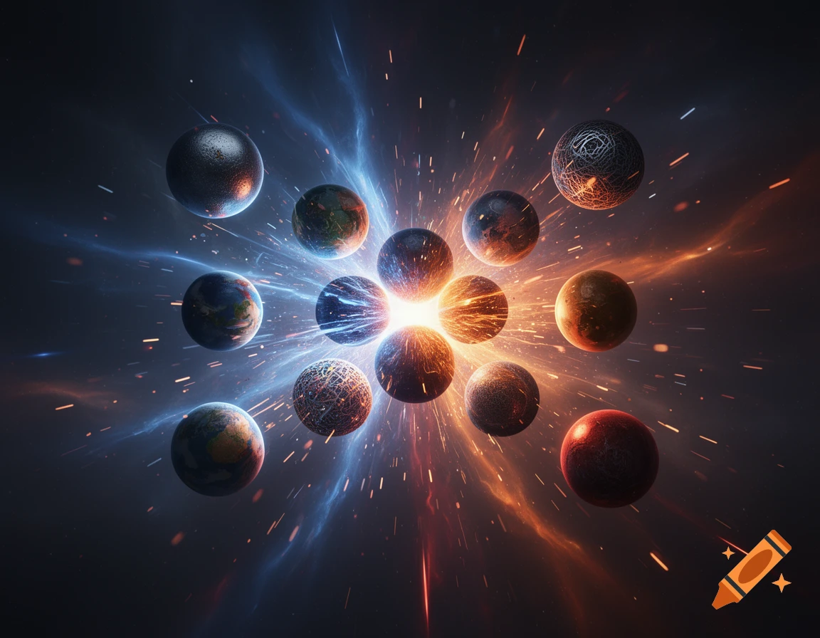 Eleven glowing spheres and planets amidst an energetic cosmic explosion with blue and orange light streaks in deep space.