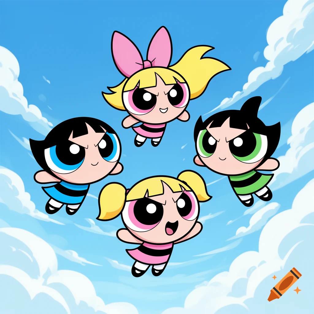 Four cartoon Powerpuff Girls-like characters fly in a blue sky with white clouds, in a vibrant animated style.