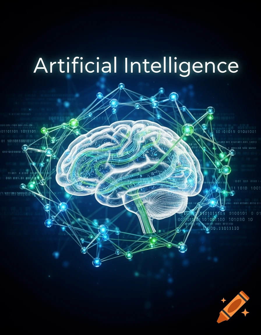 Digital illustration of a glowing brain surrounded by a futuristic network of interconnected nodes, with "Artificial Intelligence" text and binary code.