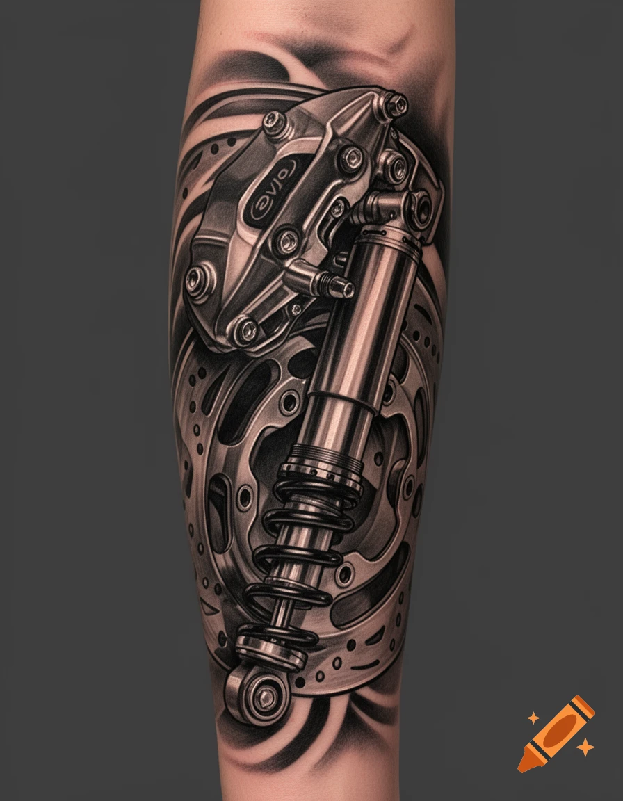 Grayscale forearm tattoo of a detailed motorcycle brake caliper, disc, and shock absorber with flowing abstract background elements.