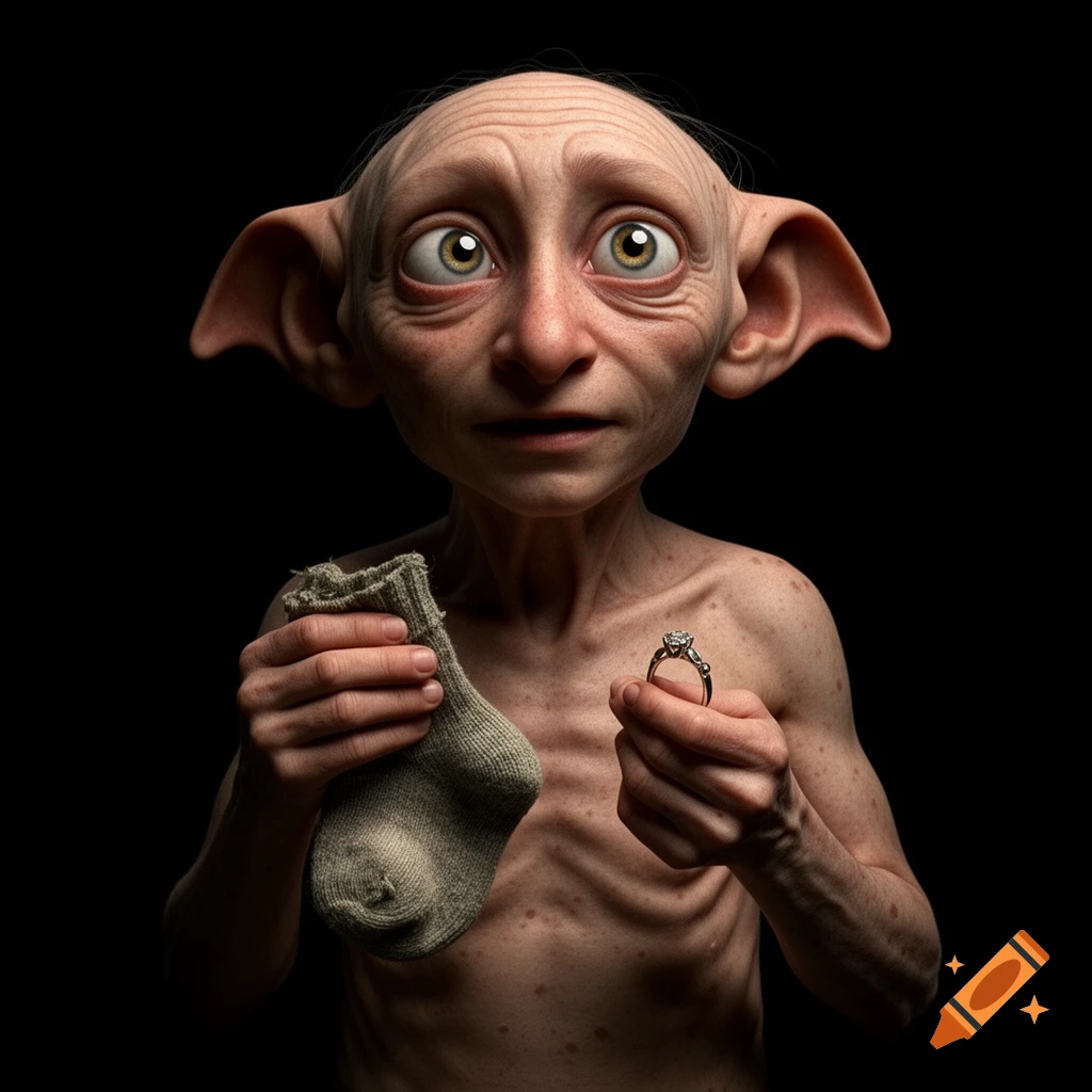 Photorealistic Dobby the house elf with wide eyes, holding a gray sock in one hand and a silver ring in the other against a black background.