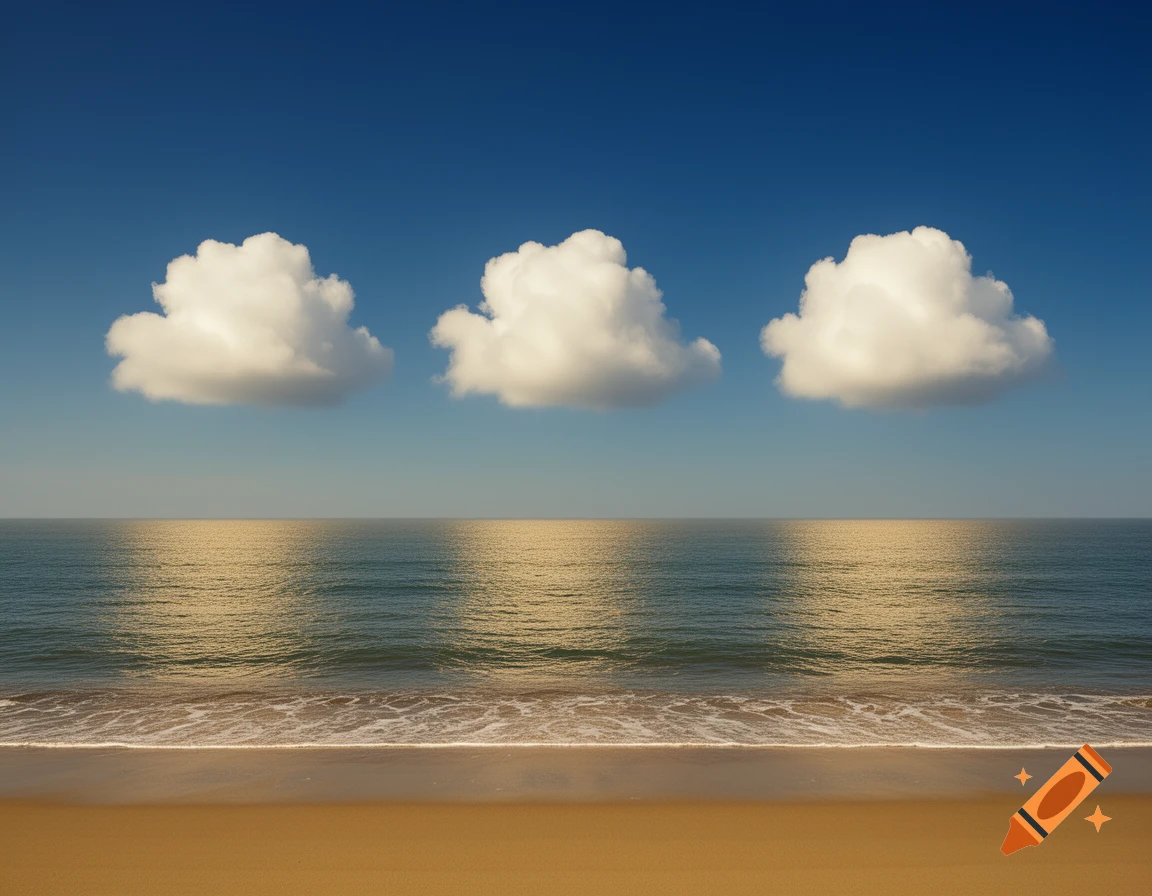 A minimalist view of a sandy beach, calm ocean, and a clear blue sky with three perfectly formed white clouds.