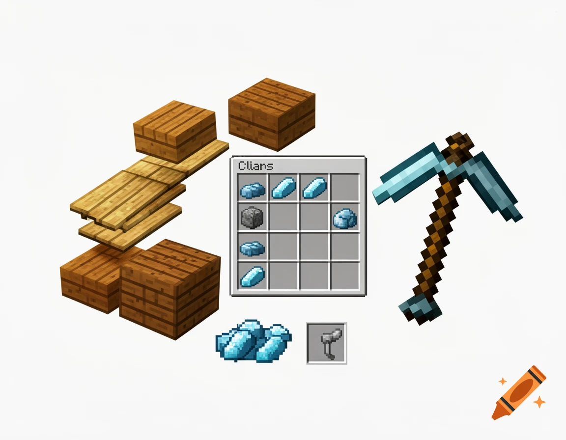 Minecraft-style crafting scene with wooden blocks, planks, a crafting grid showing ingots, and a diamond pickaxe.