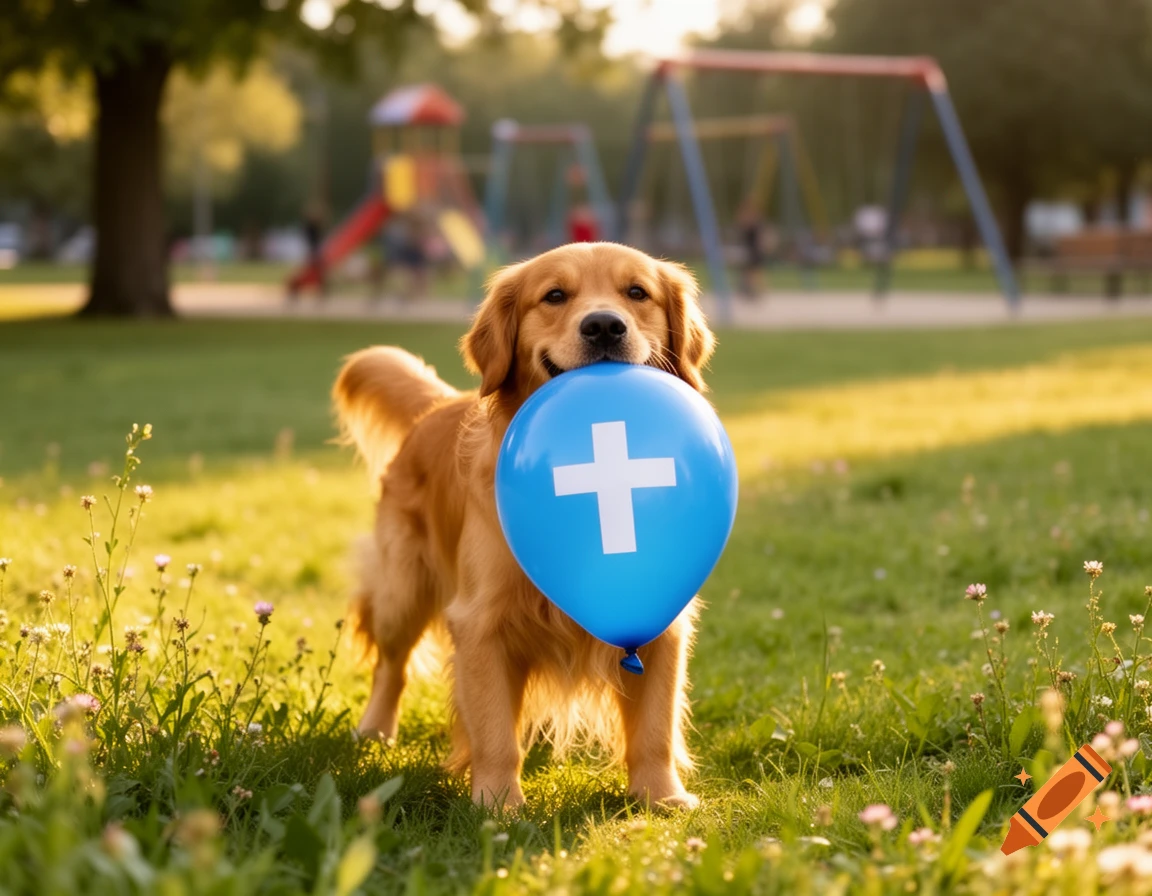 A golden retriever stands in a sunny park, holding a blue balloon with a white cross in its mouth. Photorealistic.