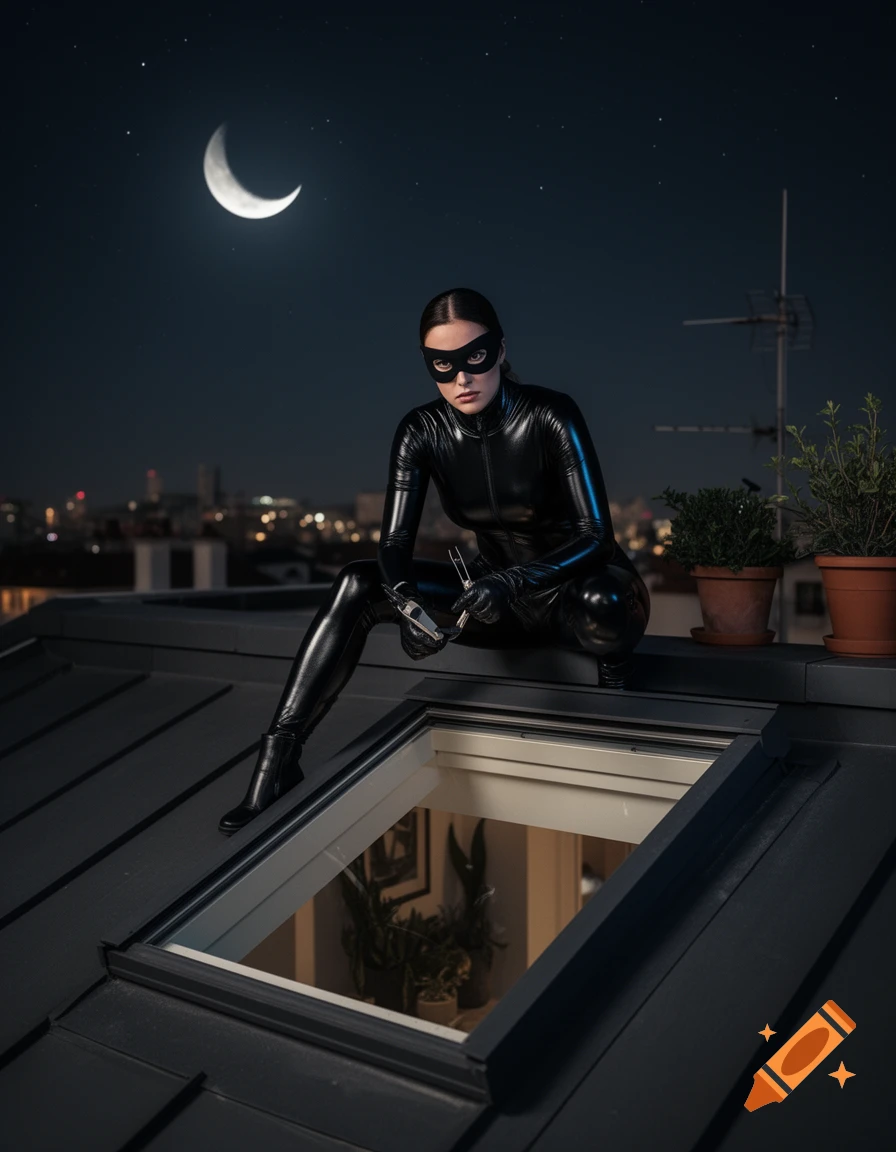 A woman in a black latex cat burglar suit crouches on a city rooftop at night, under a crescent moon, with a skylight below.