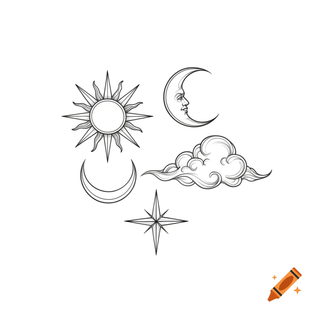Line art illustration of a sun, a crescent moon with a face, a plain crescent moon, a cloud, and a four-point star on a white background.