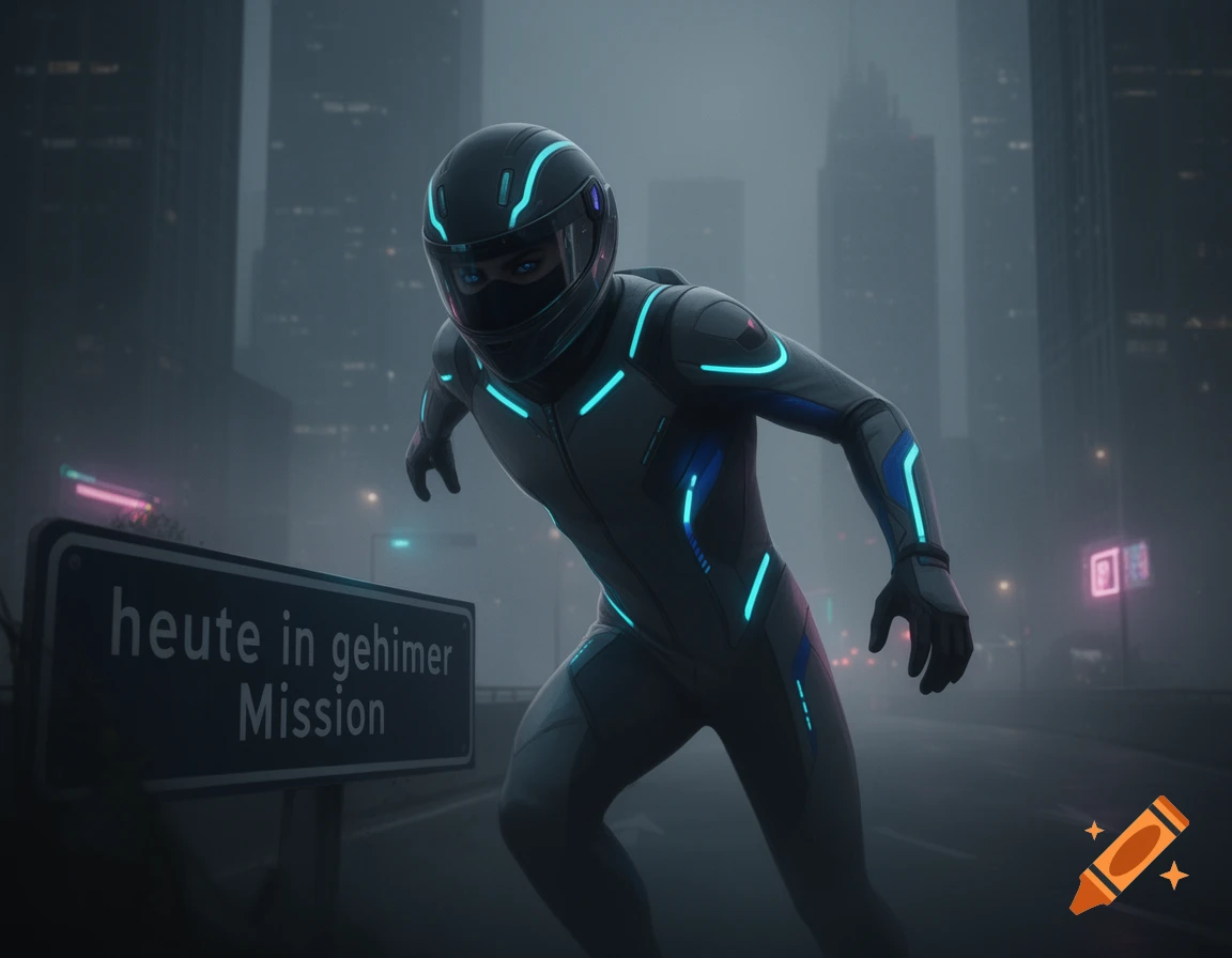A futuristic masked figure in a glowing suit runs on a foggy city street next to a sign that reads 'heute in geheimer Mission'.