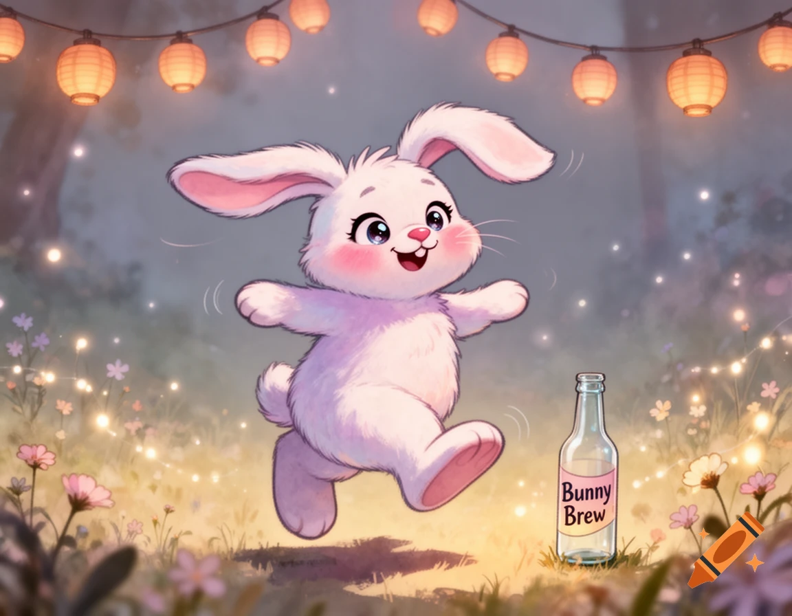 A joyful white cartoon bunny dances in a whimsical night garden under glowing lanterns, with a bottle of 'Bunny Brew' nearby.