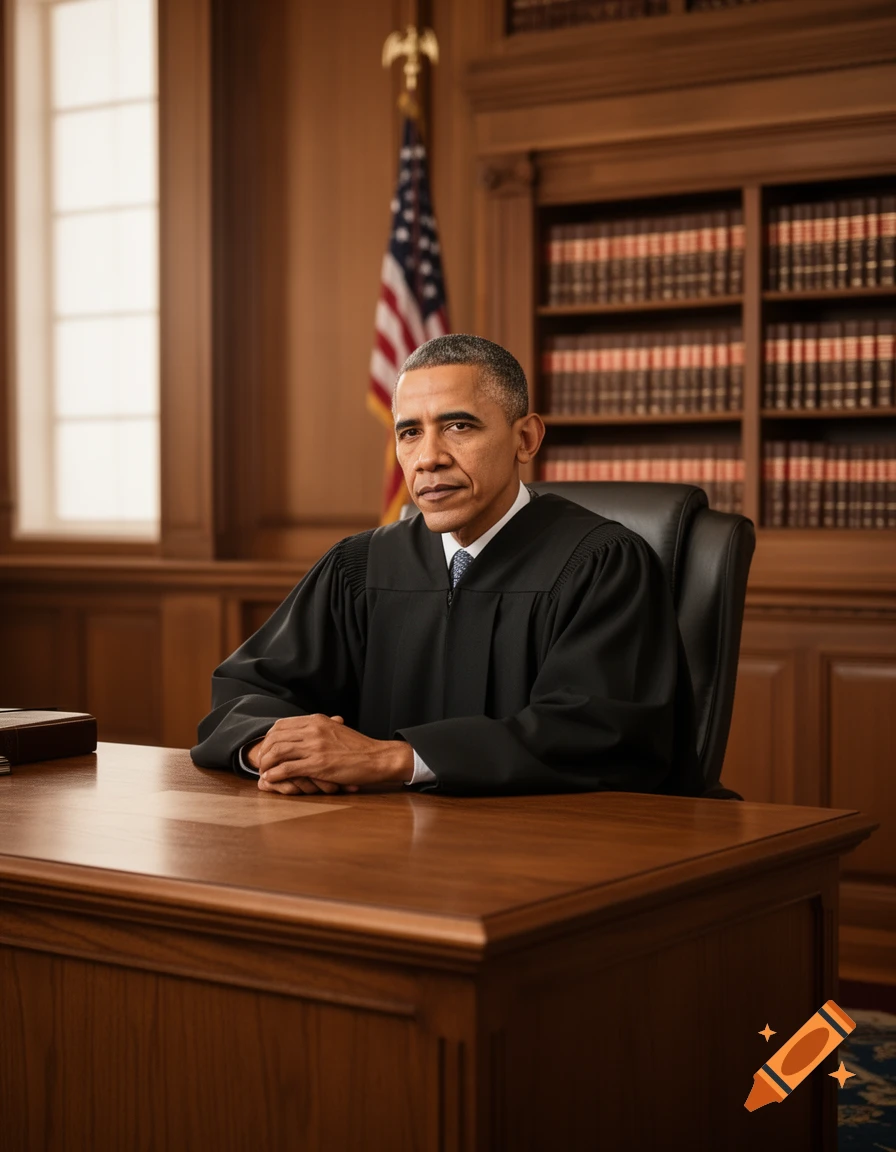 Photorealistic portrait of Barack Obama in judicial robes, seated at a wooden desk in a courtroom with an American flag and bookshelves.